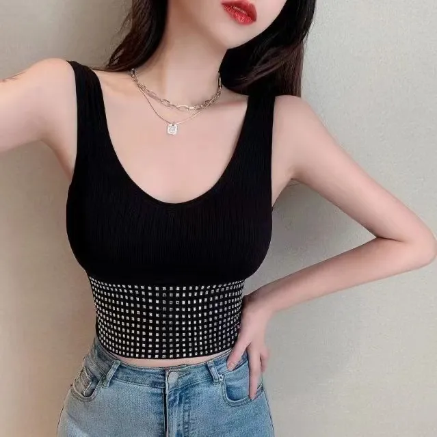 早春新款半天星镶钻背心时尚简约修身透气聚拢带垫内衣888美背