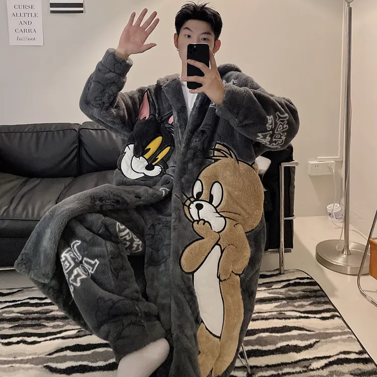男士睡衣秋冬款加厚加绒珊瑚绒睡袍卡通套装冬季法兰绒浴袍家居服