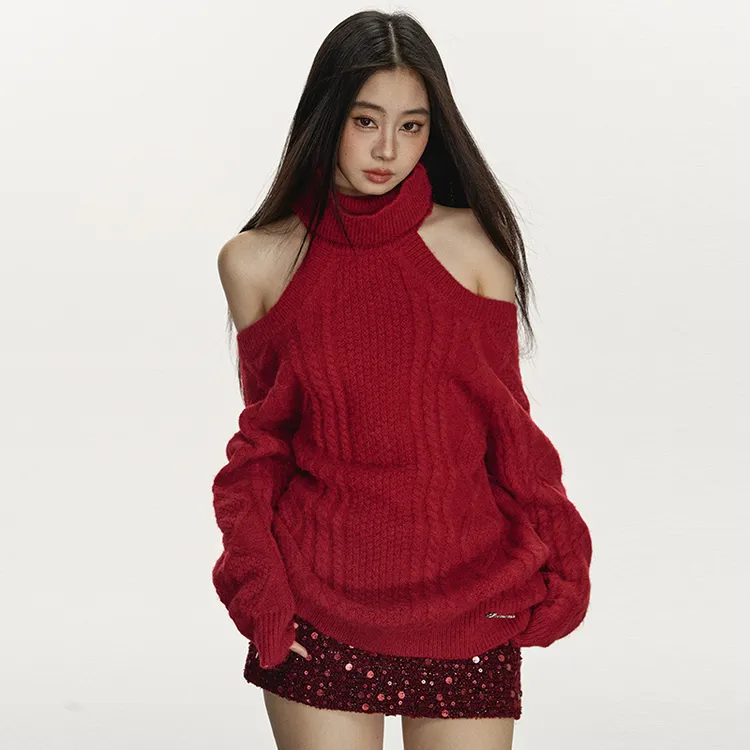 anna aneae红色圣诞穿搭毛衣女高领秋冬季高级感宽松镂空露肩上衣