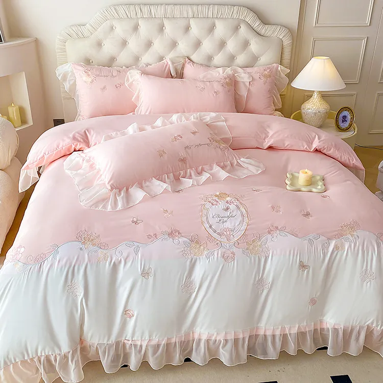 轻奢简约贴布绣四件套刺绣小清新水洗棉床品公主风被套荷叶边ins
