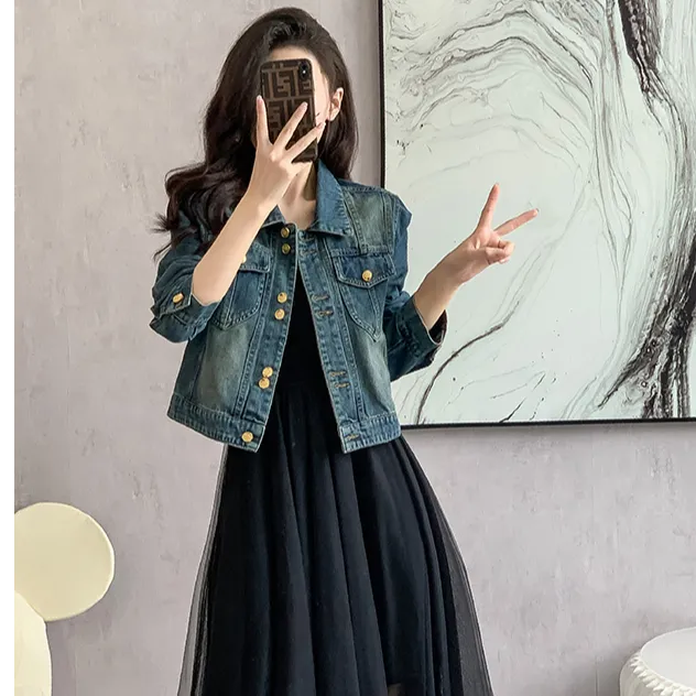 显瘦复古牛仔短外套女2025秋季新款POLO领百搭长袖短款夹克上衣潮