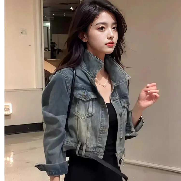 港风复古做旧水洗牛仔外套女秋季时尚个性别致款式短款夹克上衣潮