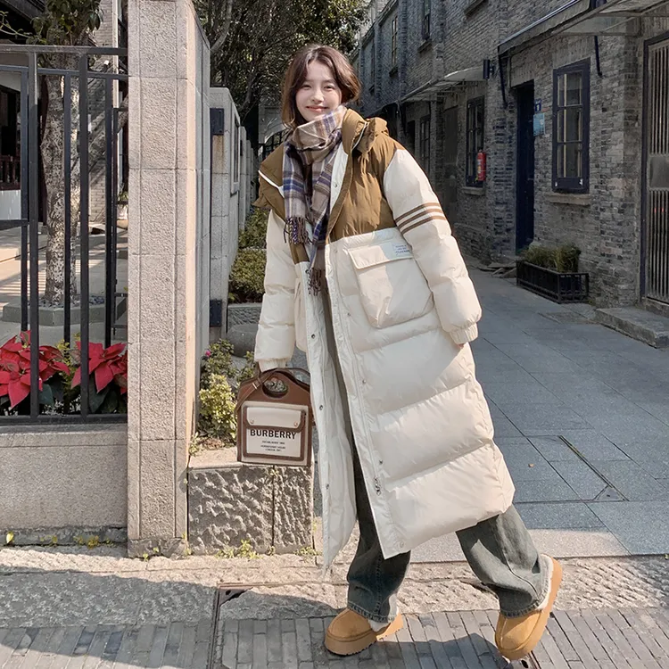 撞色连帽棉衣棉服女中长款过膝2023新款高级感超好看棉袄冬季外套