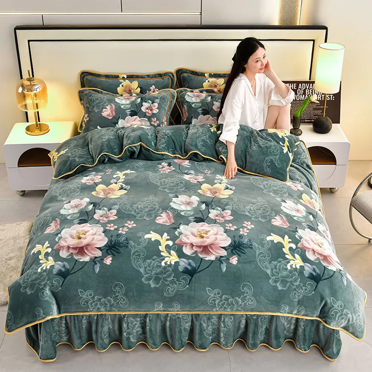 新款加厚加密8-9斤高克重牛奶绒四件套床裙款被罩床上用品加绒