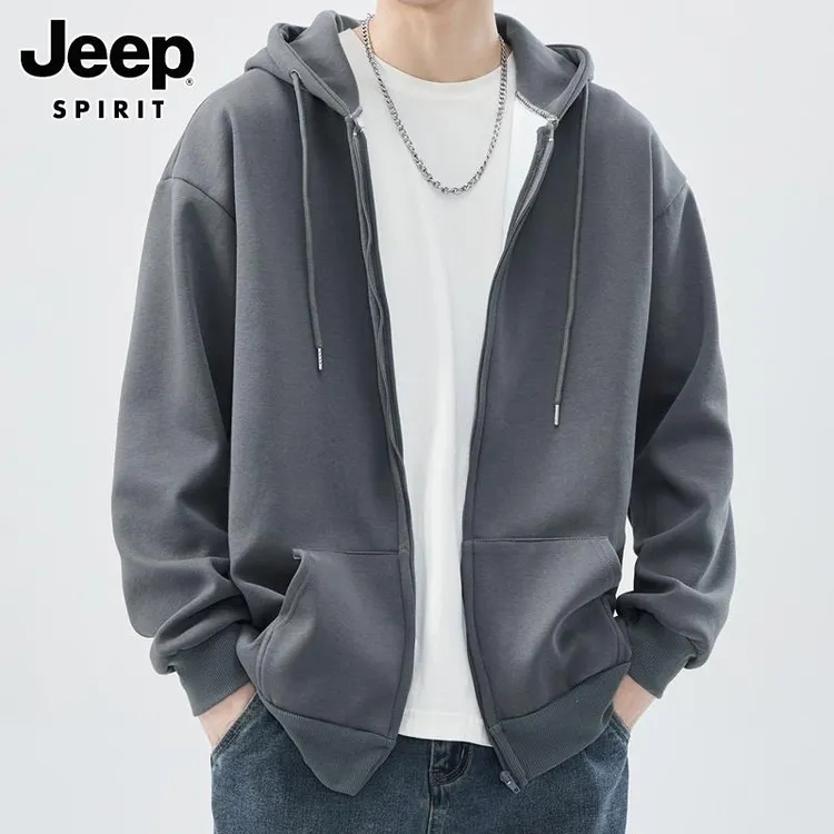 Jeep吉普纯棉开衫卫衣男士春秋季新款美式休闲外套男运动连帽男款