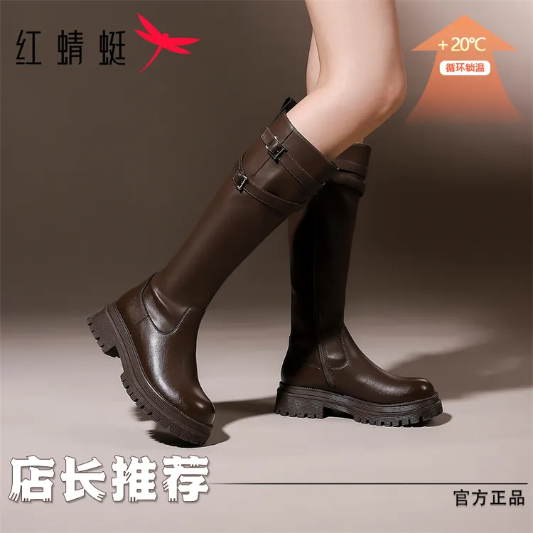 红蜻蜓加绒厚底骑士靴女2025秋冬季新款不过膝保暖通勤增高长筒靴