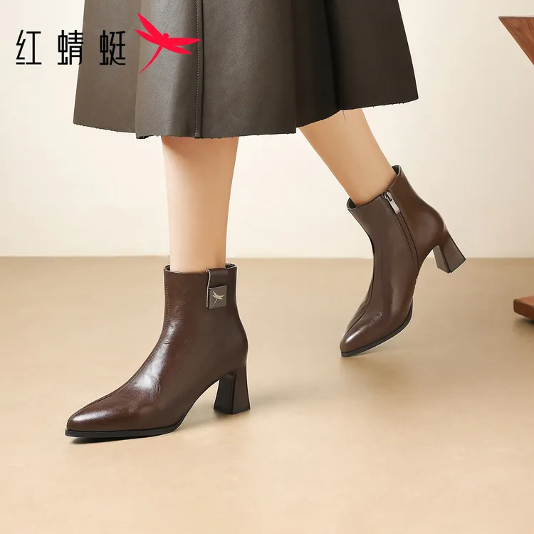红蜻蜓法式复古高跟短靴女2025秋冬新款气质尖头瘦瘦靴后拉链踝靴