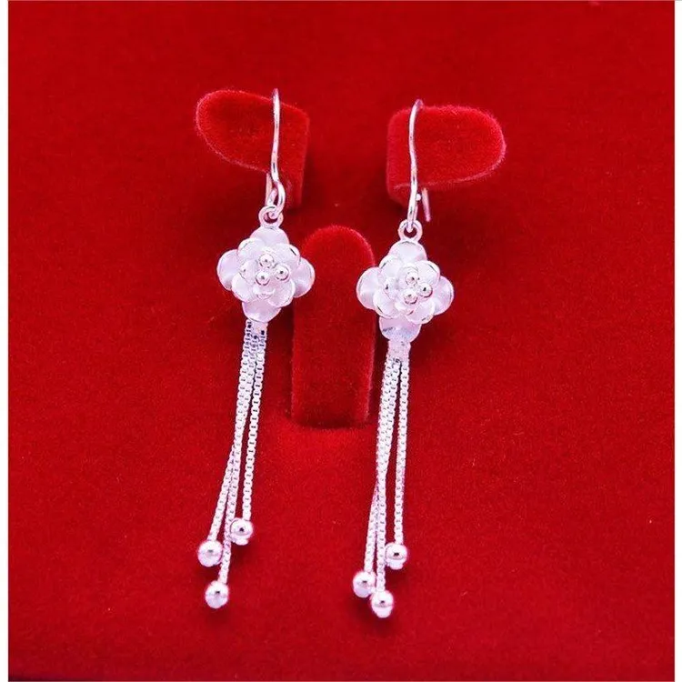 足银耳饰 银耳环玫瑰花耳饰长款气质过敏流苏女纯银耳坠防韩