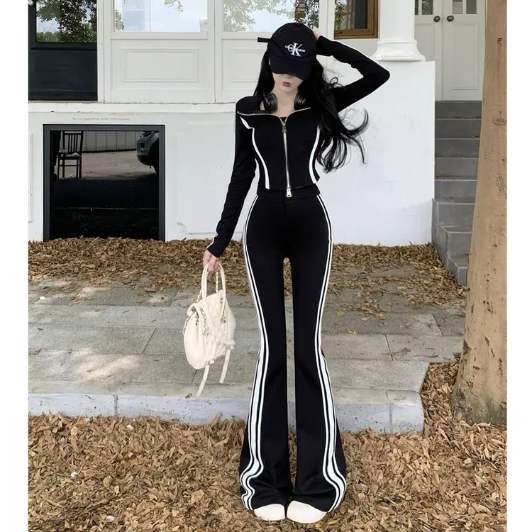 辣妹翻领长袖气质开衫外套上衣女春高腰休闲裤条纹拖地裤运动套装