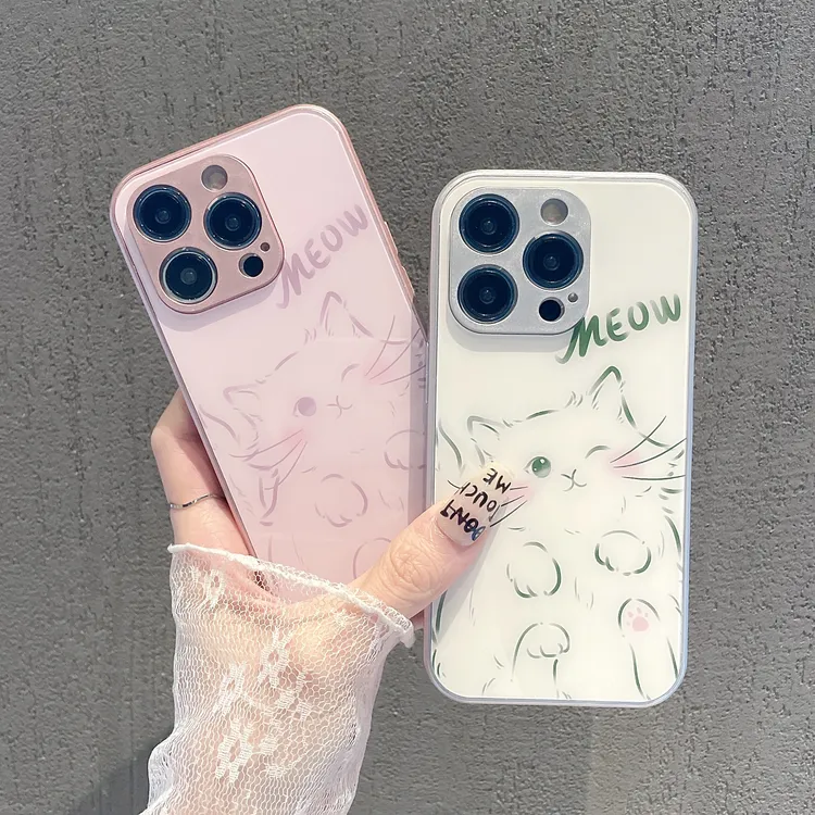 适用猫咪玻璃壳苹果15/华为/小米/OPPO/VIVO手机壳14网红13新款12