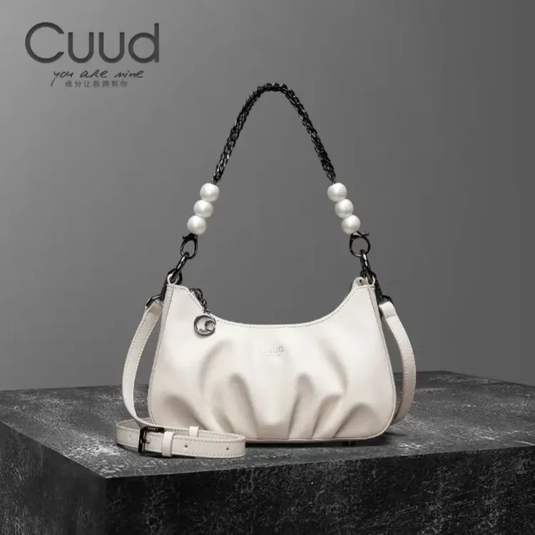 【专柜】Cuud轻奢褶皱云朵珍珠链条腋下牛皮女包单肩斜挎真皮女士包
