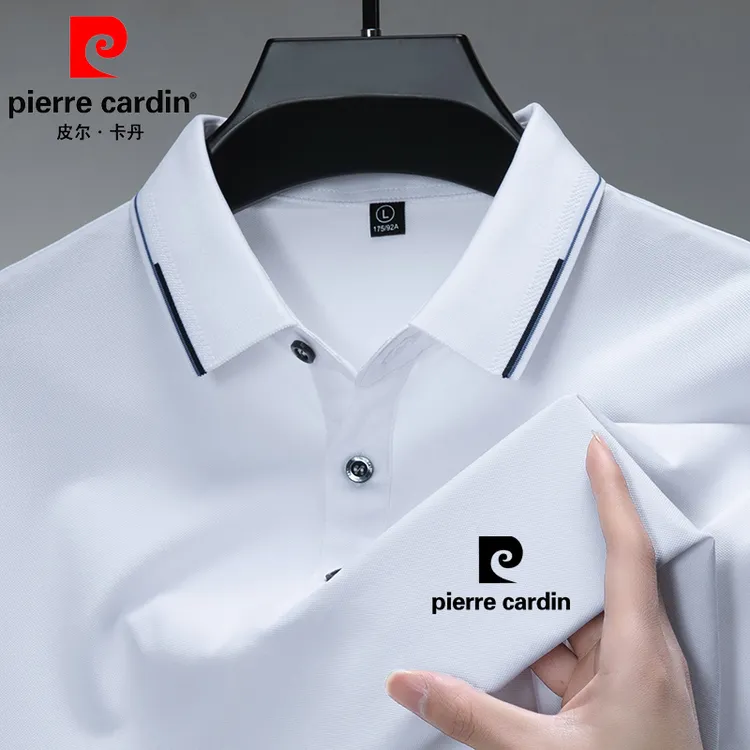 皮尔卡丹男士桑蚕丝短袖T恤中年男装新款翻领纯色冰丝透气polo衫