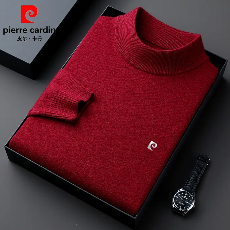 皮尔卡丹冬季新款高档羊毛衫男半高领加厚保暖中青年纯色毛衣男潮