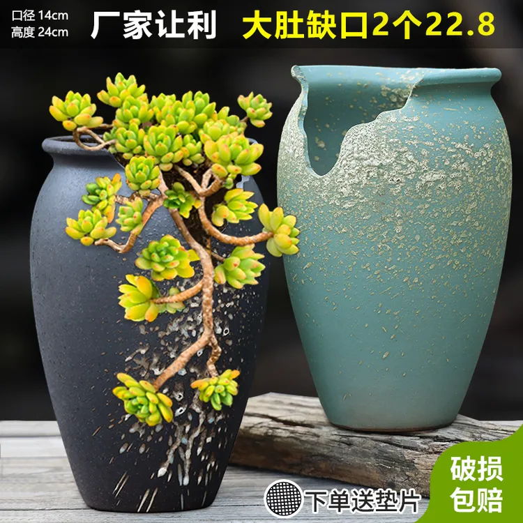 清仓捡漏大口径陶瓷家用多肉植物缺口大号紫砂透气悬崖切口陶瓷盆