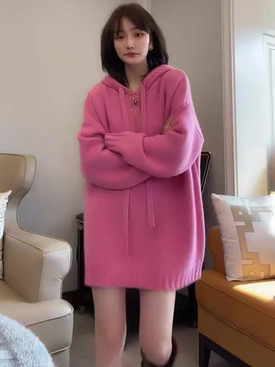 欧洲站粉色针织连帽毛衣女加厚2024秋冬季新款宽松慵懒套头上衣潮