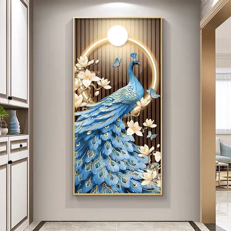 高级感花开富贵中式孔雀客厅过道背景挂画晶瓷镶钻铝合金画框