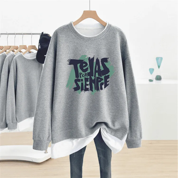 秋冬新款大码oversize宽松假两件卫衣女加绒加厚遮肚长袖上衣