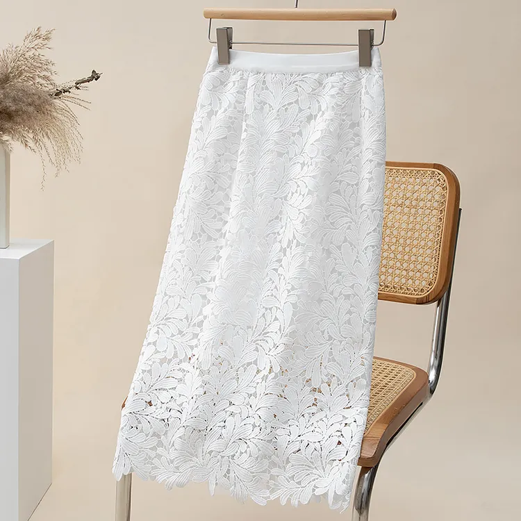 镂空蕾丝半身裙开叉中长裙2025新款 a字裙显瘦半身裙气质白色包裙