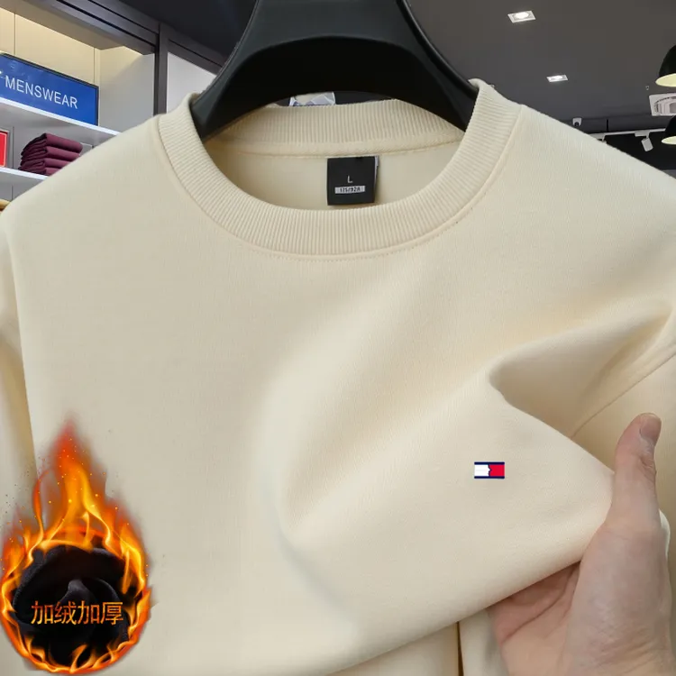 Tommy汤米秋冬100%纯棉加绒卫衣男士休闲百搭加暖套头圆领上衣潮
