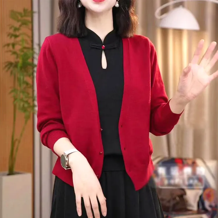假两件旗袍盘扣国风新中式针织衫女复古气质毛衣红色2025秋冬新款