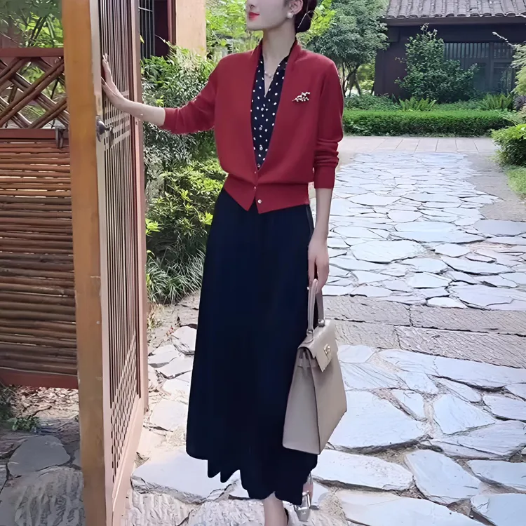 假两件上衣V领针织衫女开衫长袖显瘦春秋气质高腰垂感半身裙99128