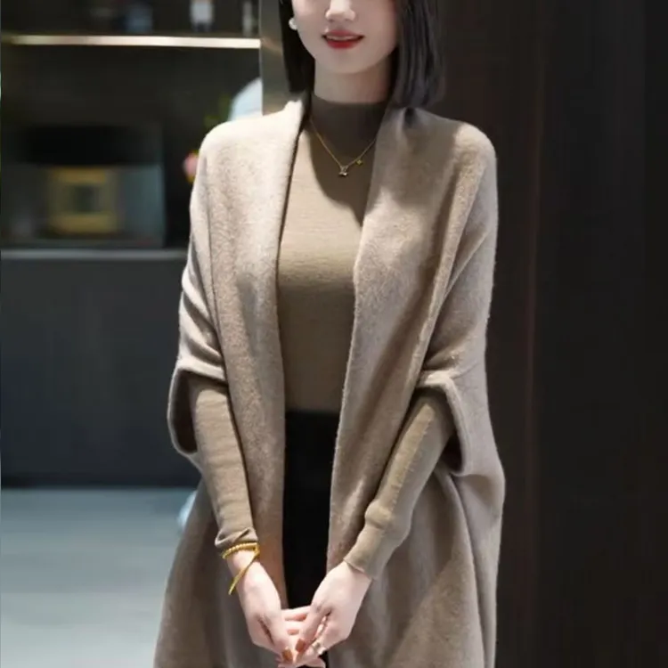 蝙蝠袖披肩外套毛衣女针织衫开衫休闲宽松显瘦气质中长款秋冬X83