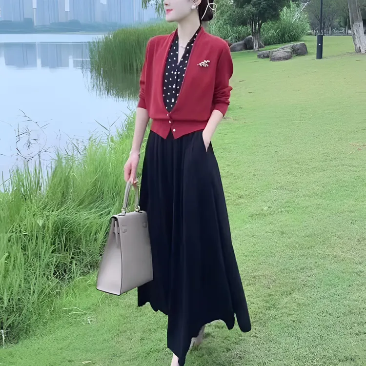 假两件针织衫女开衫波点V领长袖宽松显瘦春秋高腰垂感半身裙99128