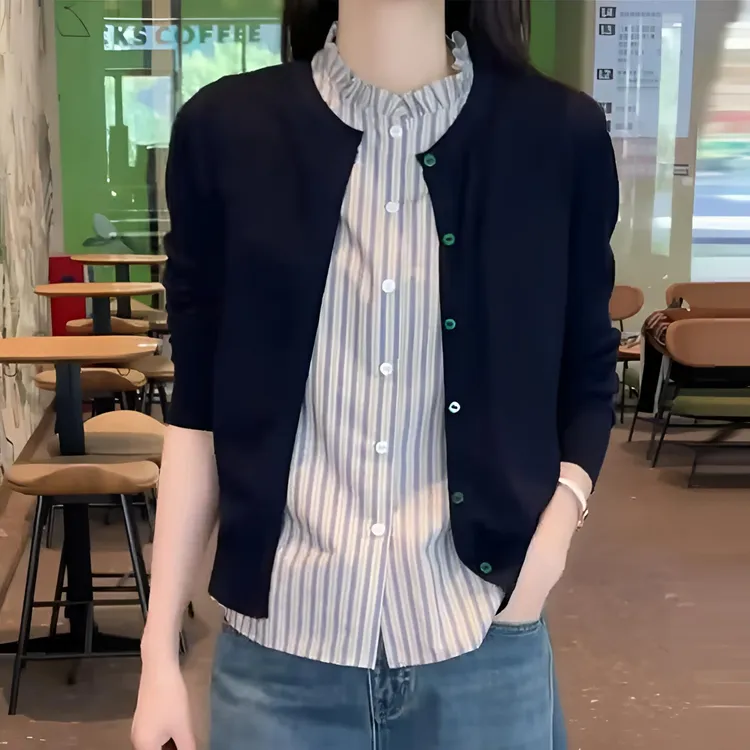 圆领针织衫开衫女长袖外搭休闲百搭显瘦2025春秋新款短款外套上衣