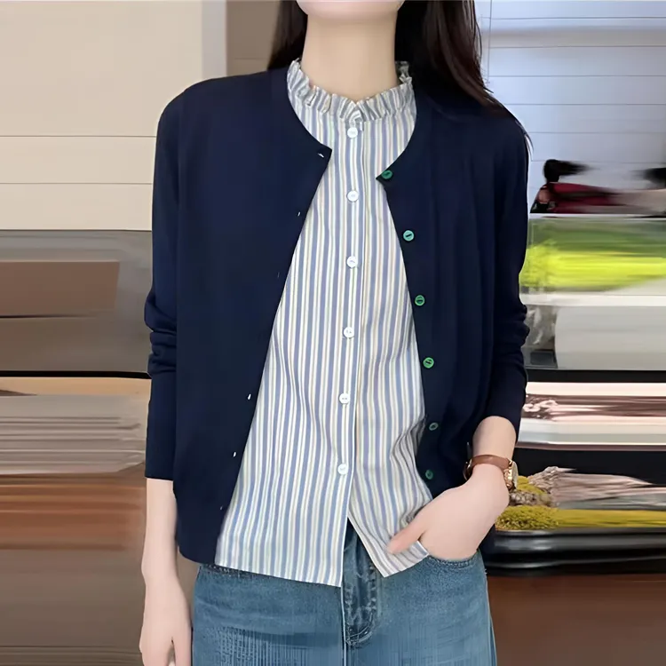 叠穿百搭竖条纹木耳边花边立领衬衫女背心小香风打底衫内搭上衣潮