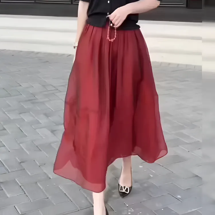 夏季口袋薄款飘逸松紧高腰中长款显瘦半身裙女A字遮跨气质时尚潮