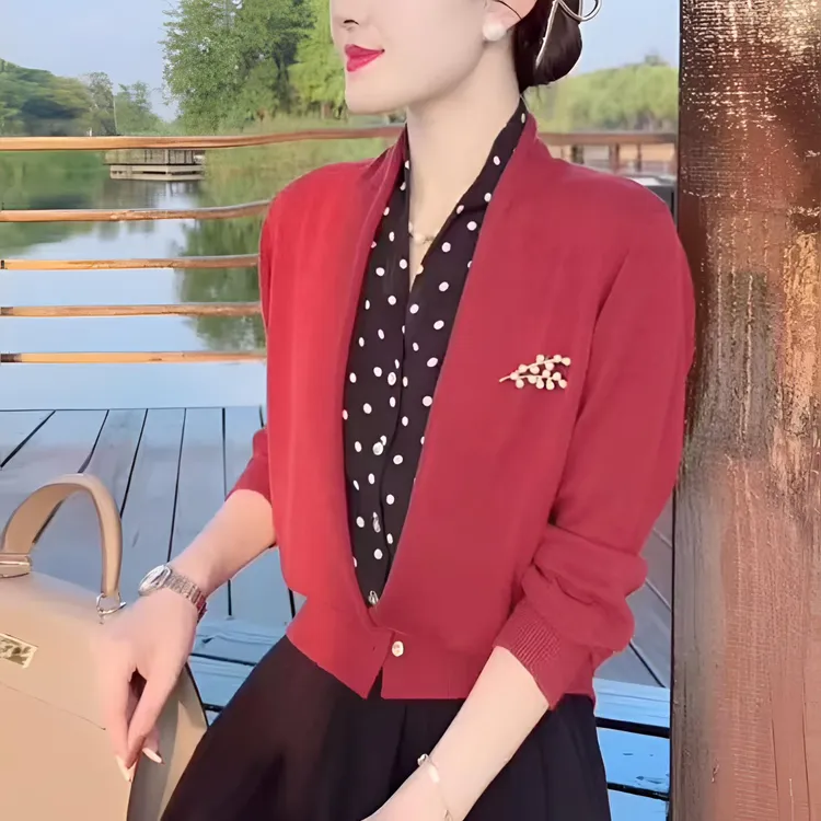 假两件V领针织衫女开衫长袖新中式洋气显瘦春秋毛衣气质上衣99128