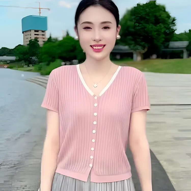 夏季薄款V领针织衫女开衫短袖宽松显瘦气质短款上衣高级感T恤洋气