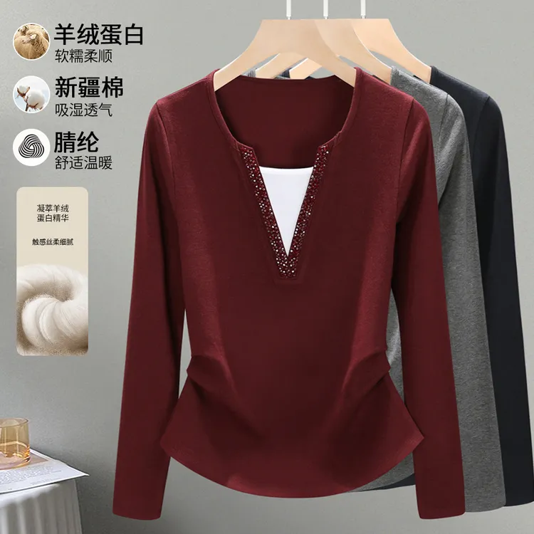 安可拉红假两件V领钉珠长袖T恤女打底衫内搭秋冬新款显瘦休闲上衣