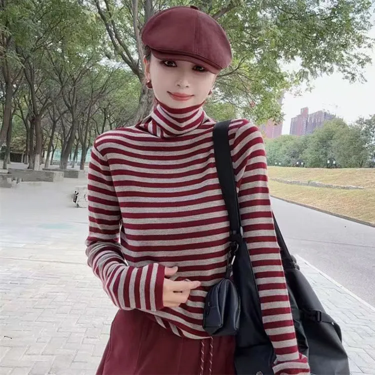 高领条纹打底衫女堆堆领内搭长袖T恤宽松显瘦气质百搭秋冬上衣X80
