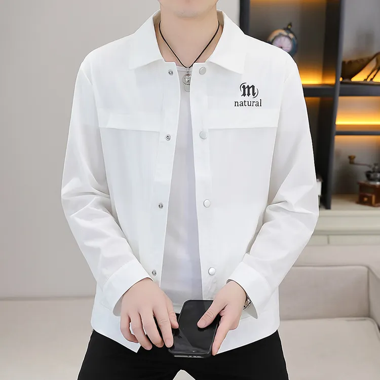 男士长袖白色帅气休闲男外套夏季百搭翻领防晒服薄款修身韩版夹克
