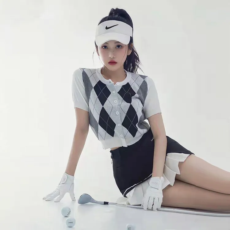 韩版高尔夫球服装女夏季气质千金范短袖上衣golf防走光百褶短裙女