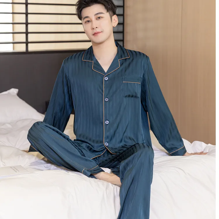 （813#）新款男士冰雪丝长袖简约夏天宽松舒适情侣睡衣男生睡衣