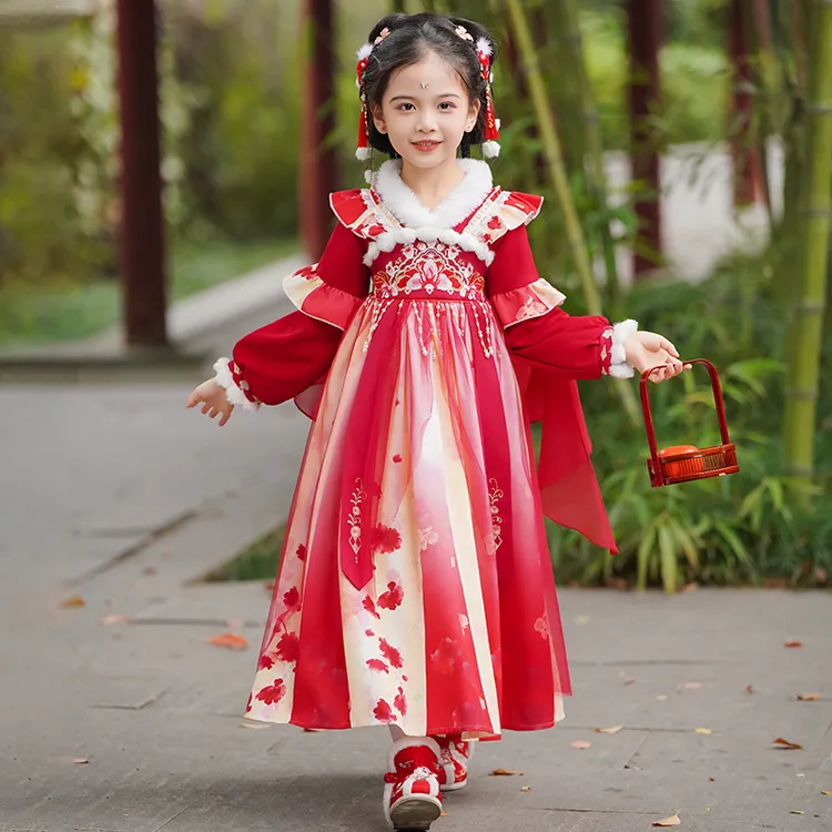 新款儿童汉服古风古装加绒连衣裙女童中国风长袖宝宝小女孩拜年服