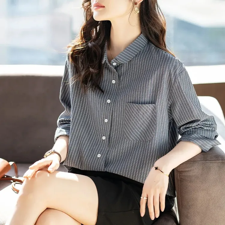 6102大码女装条纹长袖衬衫女2025年新款春秋衬衣口袋百搭减龄上衣
