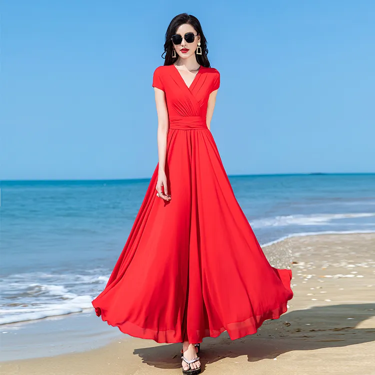 连衣裙长款仙女高级感2024夏季雪纺大摆显瘦沙滩拖地长裙到脚踝女