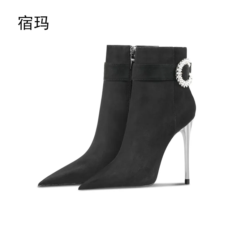 水钻侧拉链靴黑色时装短靴女2024年新款尖头细跟秋冬加绒高跟单靴