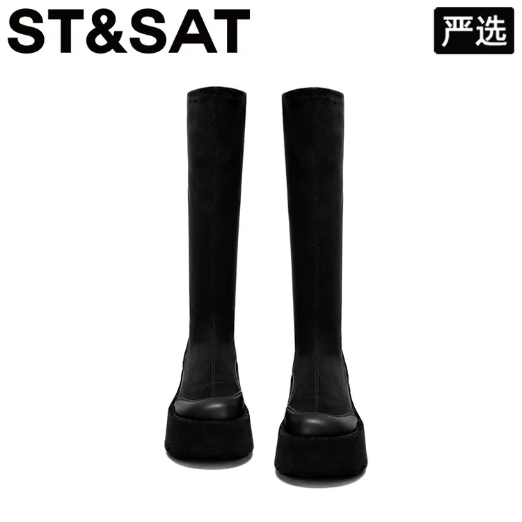 星期六厚底坡跟长筒靴女2025冬季新款小个子增高复古百搭瘦瘦靴女