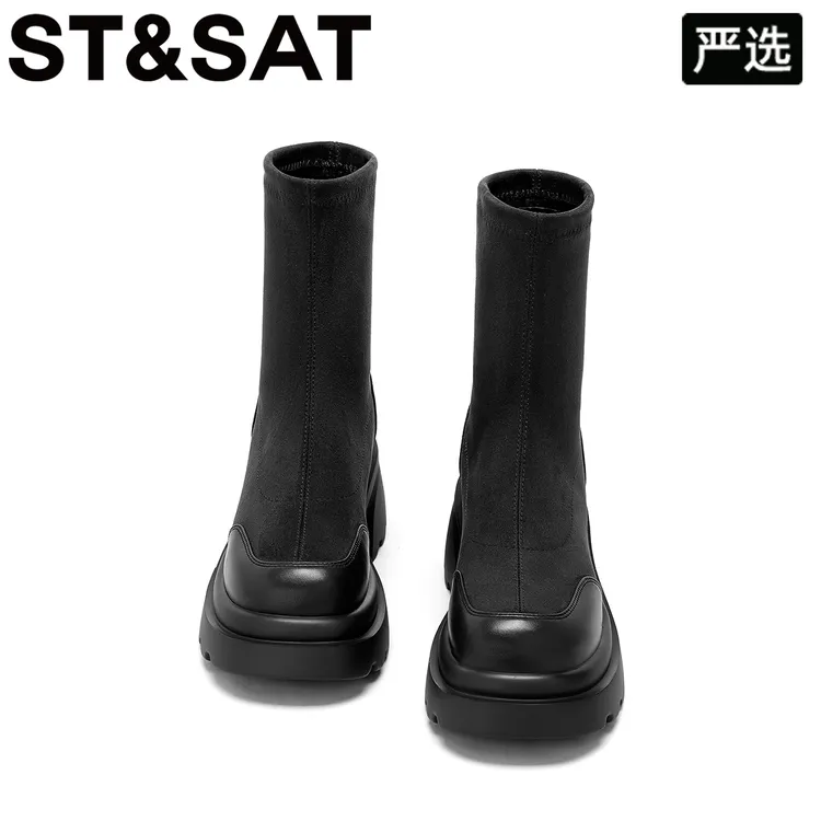星期六厚底粗跟瘦瘦靴女靴2025冬季新款美拉德时尚复古弹力靴短靴