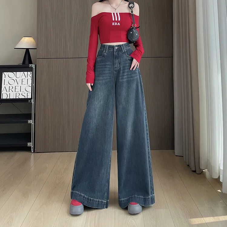 美式大阔腿牛仔裤女宽松秋季新款复古高腰百搭拖地裤慵懒风宽脚裤