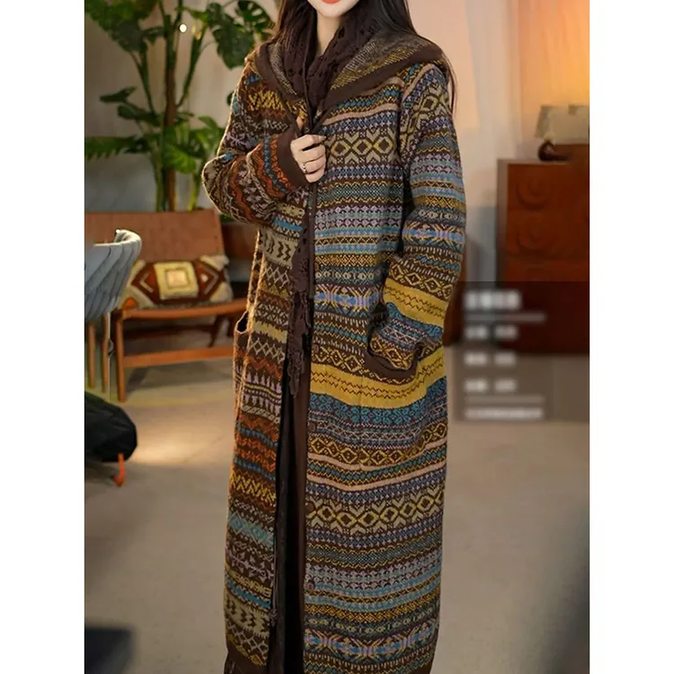 高档洋气文艺保暖长袖针织外套2025秋冬新款复古洋气长款连帽开衫