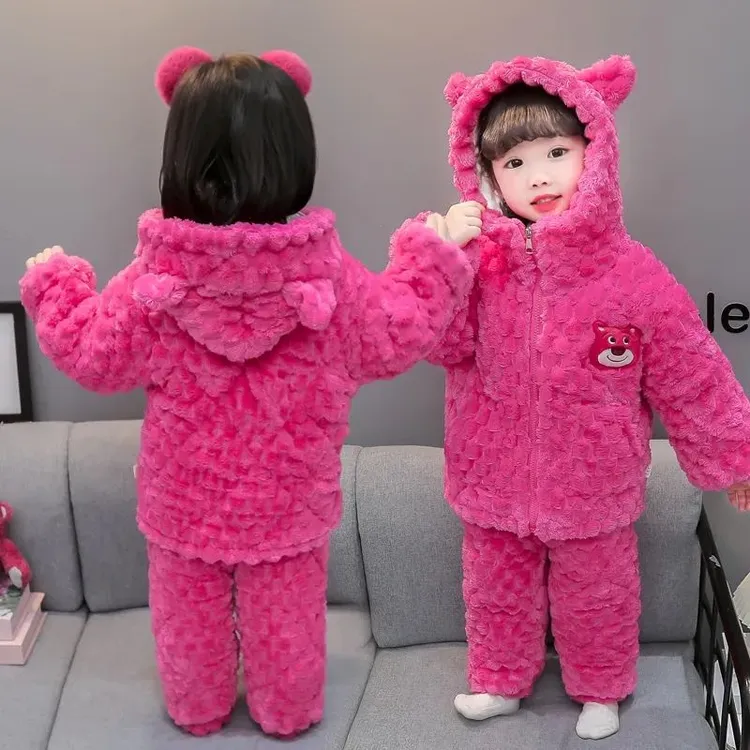 女童冬季分体三层夹棉睡衣套装新款宝宝保暖加绒加厚法兰绒家居服