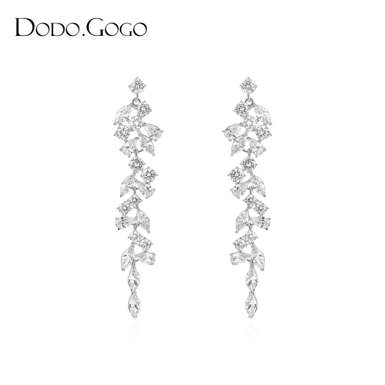 DODOGOGO 合金合成锆石耳饰 碎钻树叶流苏白金银针白金螺旋夹
