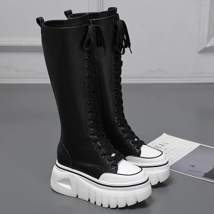  欧洲站厚底骑士靴女2025新款前系带女靴增高8CM长靴侧拉链高筒靴
