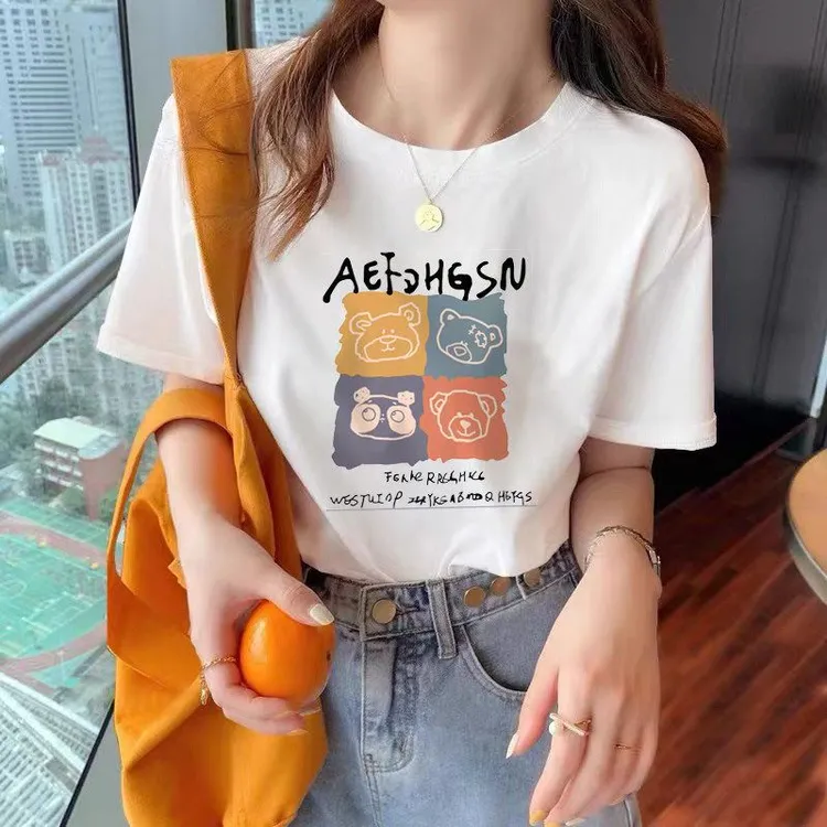2023新款纯棉卡通短袖t恤女夏季白色韩版印花设计感T百搭上衣宽松