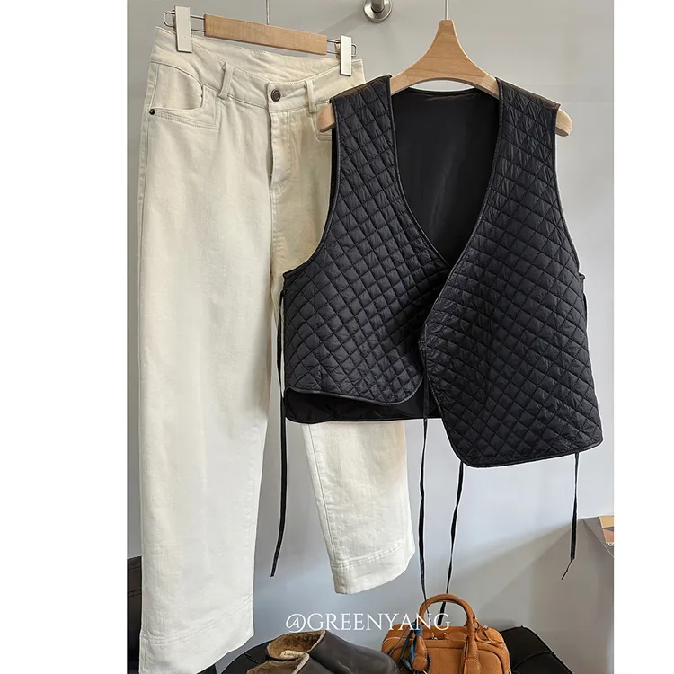 老羊家~菱格系带薄棉马甲女2024秋冬季韩版宽松休闲上衣棉服坎肩